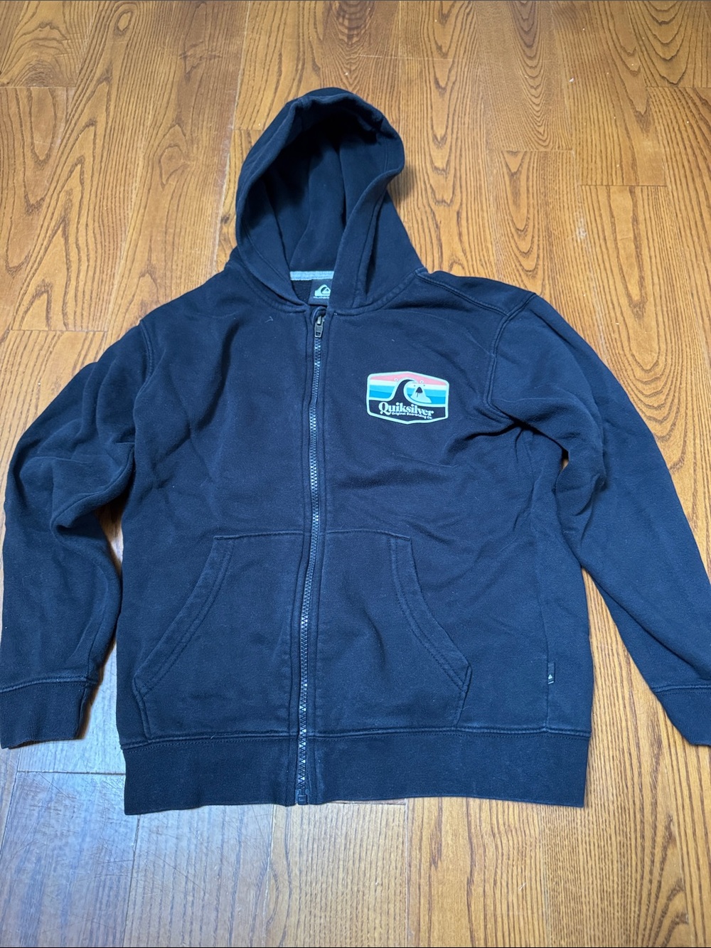 Quiksilver Black Hooded Zip Sweatshirt with Multi-Color Chest Badge
